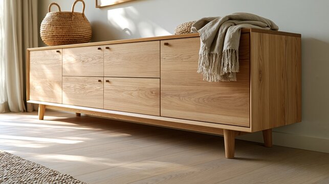 Elegant Scandinavian-inspired interior featuring a handcrafted light oak sideboard styled with a woven basket and a soft linen throw