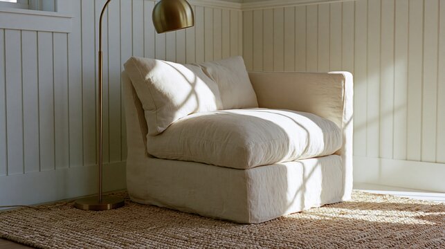 Linen lounge chair with brass floor lamp in sunlit Scandinavian minimalist interior