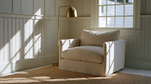 Bright Scandinavian-inspired interior featuring a comfortable linen armchair paired with an elegant brass floor lamp.