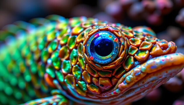 The image features a close up of a colorful, textured creature, likely a coral reef fish or an amphibian, with an emphasis on its large, prominent eye