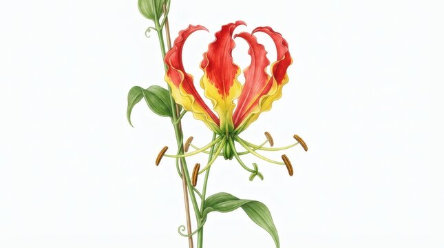 Botanical illustration of a vibrant flame lily gloriosa superba flower with red and yellow petals isolated on a clean white background