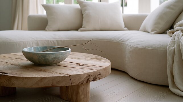 Live edge oak coffee table with ceramic bowl in Scandinavian minimalist living room