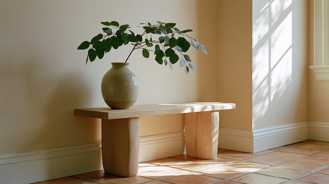 Light oak console table with ceramic vase in Scandinavian minimalist interior
