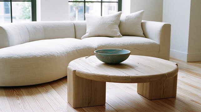 Round oak coffee table with ceramic bowl in Scandinavian minimalist living room