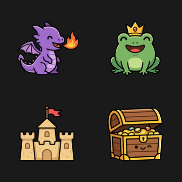 Cute pixel art icons featuring a purple dragon, a frog king, a sandcastle, and a treasure chest, perfect for gaming assets or fantasy themes