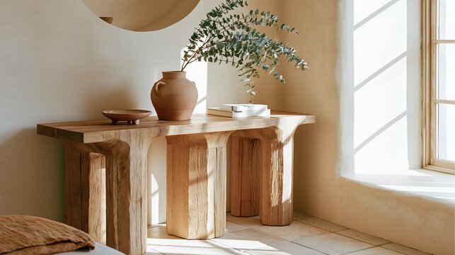 Solid oak console table with ceramic vase in sunlit Scandinavian minimalist interior