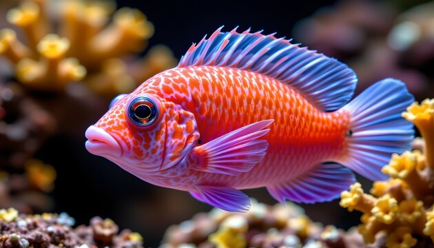 The image features a vibrant, colorful fish swimming near a coral reef. The fish has a striking orange body with white mottling patterns and prominent blue fins with spines