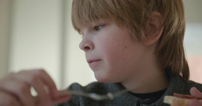 Kid Boy Eat Rice and Sausage. Eating Breakfast Lunch in Kitchen. 4K 10-bit