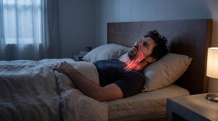 Fototapeta premium Man suffering from snoring while sleeping in bed. Male with throat inflammation and breathing problem. Sleep disorder and obstructive apnea symptom concept for medical health diagnostics.