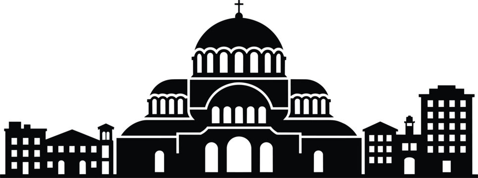 Orthodox church building with domes and surrounding city architecture silhouette, simplified black and white illustration and eastern landmark and rel