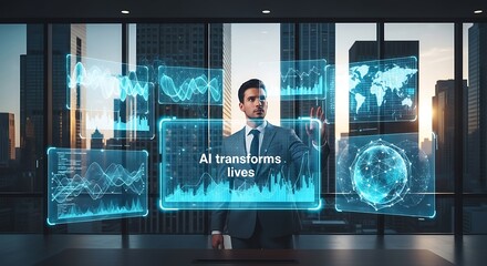 Fototapeta premium Professional man presenting AI technology in office.