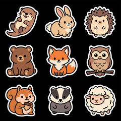 Fototapeta premium Cute pixel art woodland animals sticker collection including an otter, rabbit, hedgehog, bear, fox, owl, squirrel, badger, and sheep, ideal for children's designs