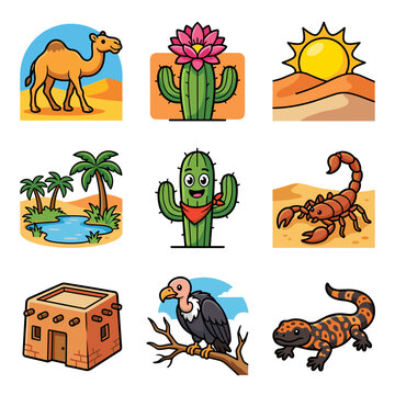 Desert life pixel art collection, including camel, cactus, sun, oasis, scorpion, adobe house, vulture, and gila monster