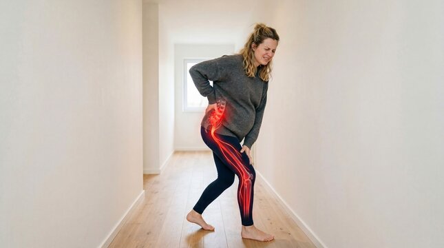 Woman suffering from severe lower back and leg pain. Chronic sciatic nerve inflammation conceptual visualization. Healthcare medical illustration depicting physical discomfort and injury.