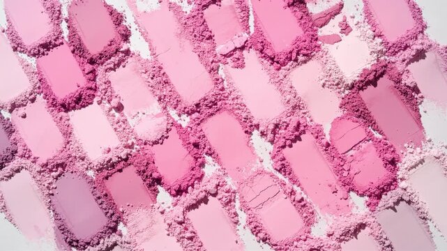 Top-down shot of many pale to pink shades of smeared powder heaps illuminated by rotating directional light forming dynamic shadows | Concept for blush commercial
