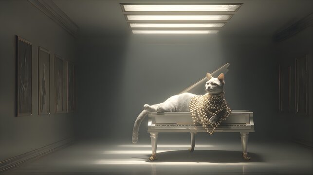 Sophisticated cat lounging on white piano with pearl necklace with room spotlight shining piano dimly lit necklace lying wearing pearl instrument