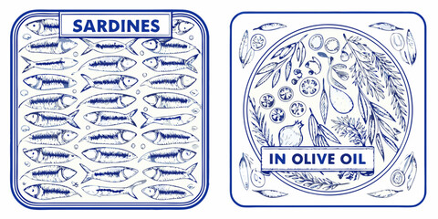 Sardines In Olive Oil Detailed Vector Illustration With Blue Accents © Anik