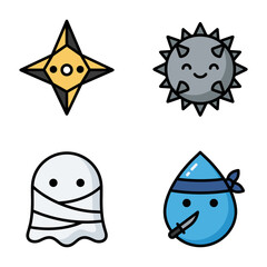 Fototapeta premium Set of four pixel art icons: ninja shuriken, spiky happy monster, mummy ghost, and ninja water drop, designed for games