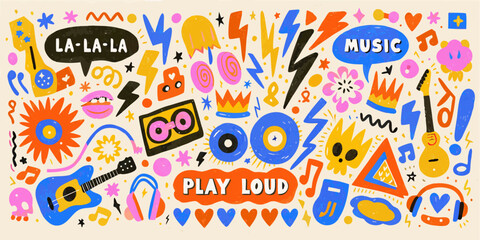 Fototapeta premium Retro Music Doodle Collage Illustration With Bright Colors And Text