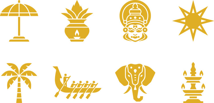 Golden Onam Festival Icon Set Featuring Traditional Kerala Culture Symbols Including Kathakali, Boat Race, Elephant, and Kalash Vector Illustration