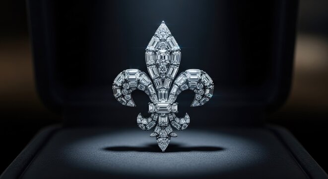 Diamond fleur-de-lis ornament inside black jewelry box.