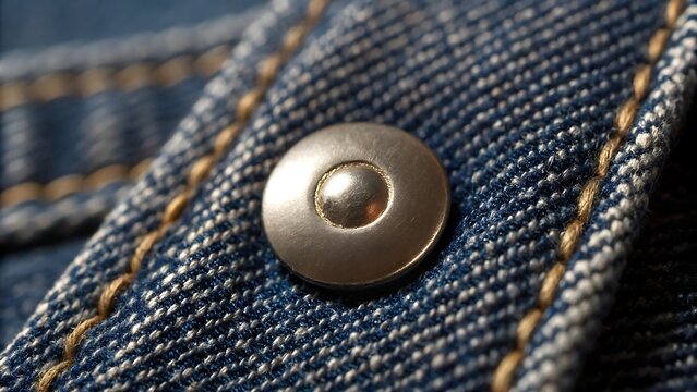 Extreme close-up of a metallic copper rivet on blue denim jeans fabric showing texture and stitching detail