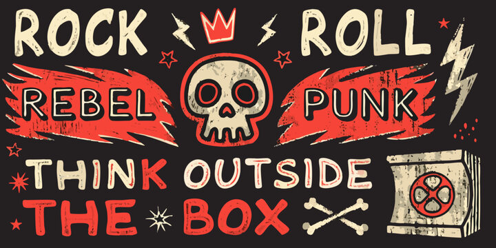 Rock and roll themed graphic design with skull and lightning bolts illustration