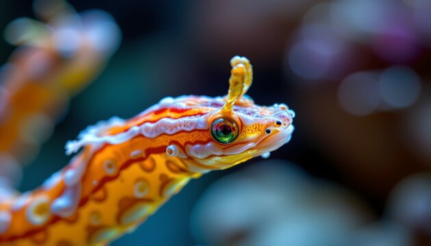 The image features a close up of a brightly colored underwater creature, likely a type of ornamental fish or sea slug, with vivid orange and white patterns on its body