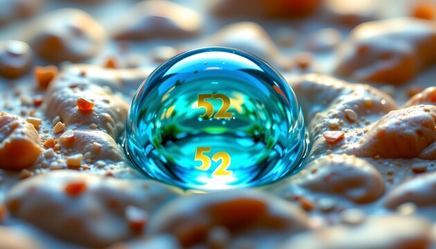 The image features a glossy, transparent blue sphere with the number "52" displayed twice in golden color on its surface