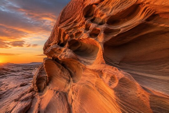 Sandstone rock deeply carved by wind erosion under warm desert sunset light.