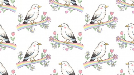 Fototapeta premium Happy white birds sit on rainbow branches with pink tulips and white daisies in a cute pattern
