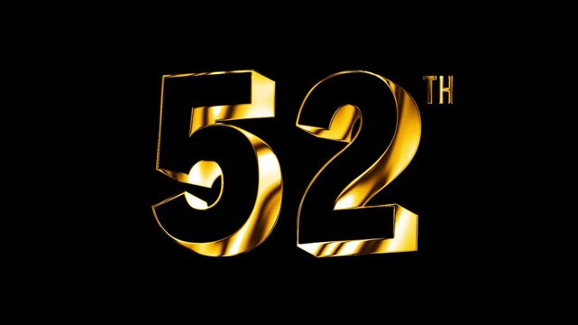 Luxury Golden Fifty Two Number Anniversary Celebration 3D Metallic Typography Isolated Design Animation
