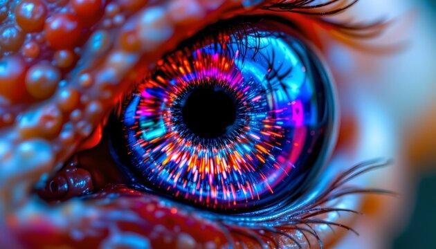 The image features an extremely close up view of an eye with vibrant, neon like colors emanating from the iris, creating a mesmerizing pattern of bright streaks in shades of orange, pink, blue
