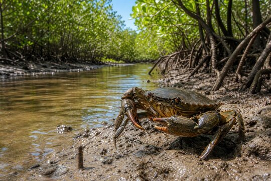 Vibrant mud crab emerging from mangrove roots in shallow tropical water, lush green foliage, macro wildlife shot, natural habitat, serene ecosystem