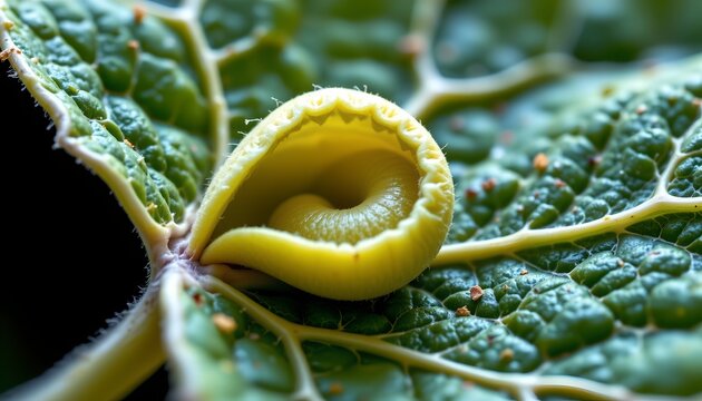 The image features a close up of a curled, pale yellow caterpillar nestled within the veins of a textured, dark green leaf