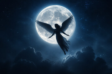 Fototapeta premium A dark silhouette of a winged figure flies against a bright full moon in a starry, cloudy night sky.