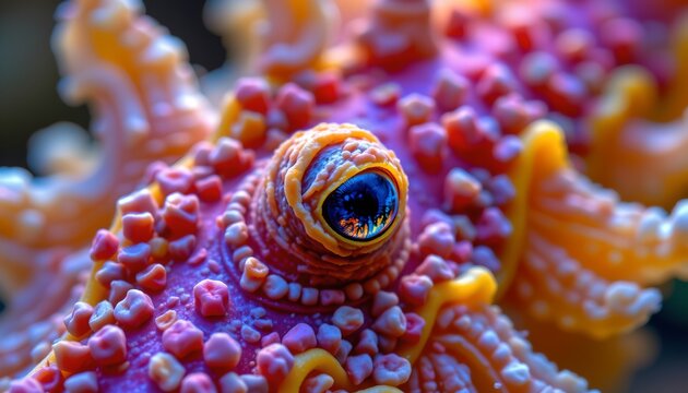 The image features a close up view of a colorful sea creature, likely a type of octopus or similar marine animal, with a prominent central eye