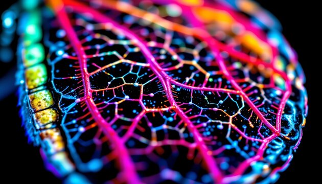 The image features a close up view of a leaf with a vivid, intricate network of veins that glow in vibrant neon colors