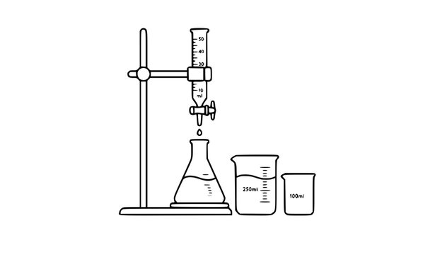 Titration setup with burette flask and beakers line art illustration