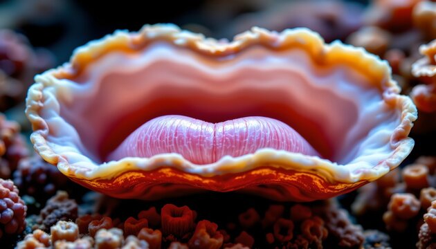 The image features a close up of a large, open seashell with a smooth, pink interior contrasting against a white and orange edged exterior