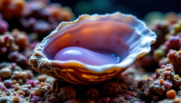 The image features a close up view of an opened seashell resting on a textured, multicolored surface composed of small coral like formations and tiny pebbles