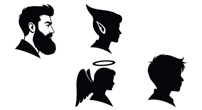 Profile silhouettes of bearded man, elf, angel, and child.