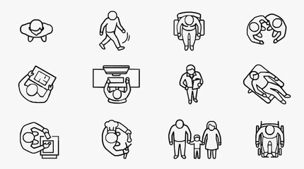Fototapeta premium Corporate Line Drawing Icons Set of Diverse Office and Travel Activities in Monochrome with high quality professional line art symbols for modern creative design and digital branding projects
