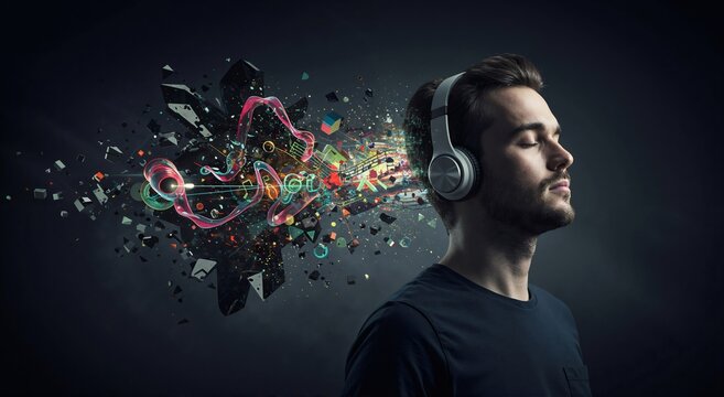 Young man wearing headphones with abstract music visualization. Digital sound wave explosion from headset. Creative audio experience concept.