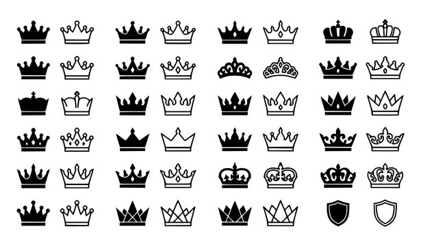 Collection of diverse black crown icons and heraldic shields