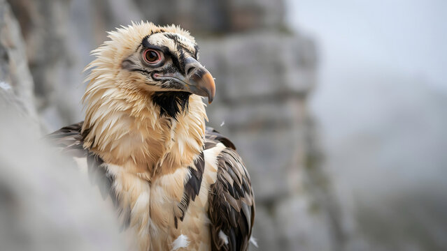 Majestic Bearded Vulture portrait, wild bird of prey in rocky mountain habitat, close-up detail of feathered head and piercing eye, natural wildlife photography, avian predator in rugged terrain