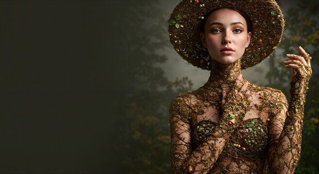 Woman in nature inspired hat and dress, environmental art concept. Mother Earth or tree spirit personification with copy space for poster design.