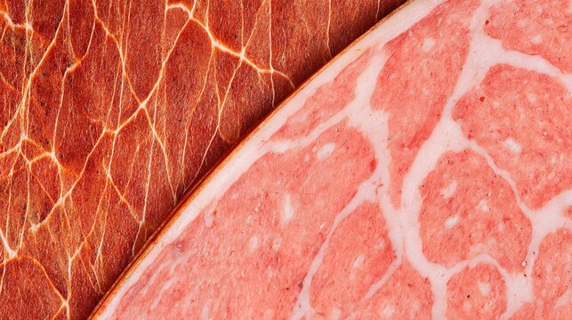 yanked. Close-up of a mortadella slice showing its marbled pattern of meat and fat. menu design, packaging mockups, designed for food delivery and cloud-kitchen brand materials, used by hr managers.
