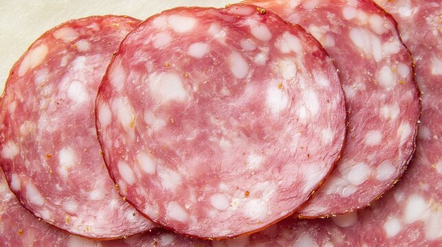 yanked. Close-up of a mortadella slice showing its marbled pattern of meat and fat. menu design, packaging mockups, designed for food delivery and cloud-kitchen brand materials, used by hr managers.