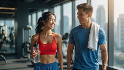 Fototapeta premium Medium Close Up Of A Smiling Asian Couple In Fitness Attire Enjoying Each Other'S Company In A Modern Gym Setting